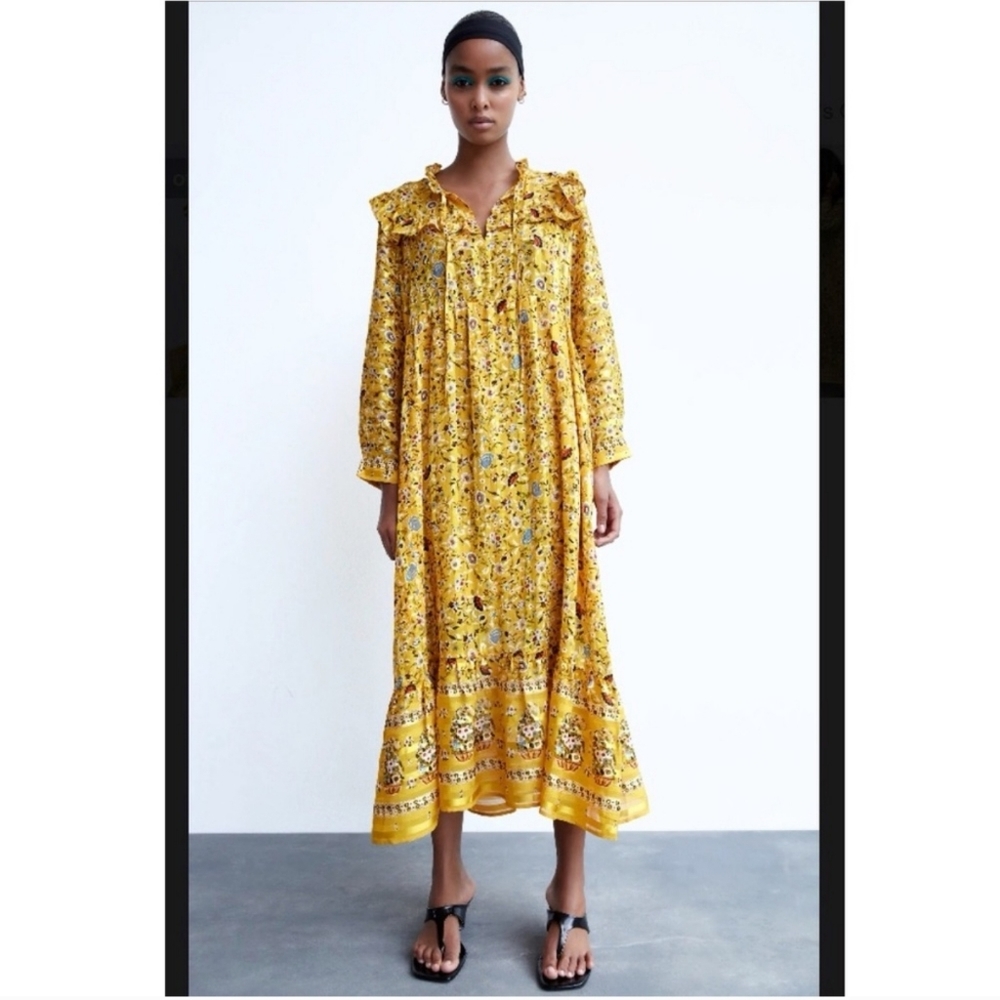 Zara Women Long Sleeve Ruffle Mustard Yellow Floral Dress